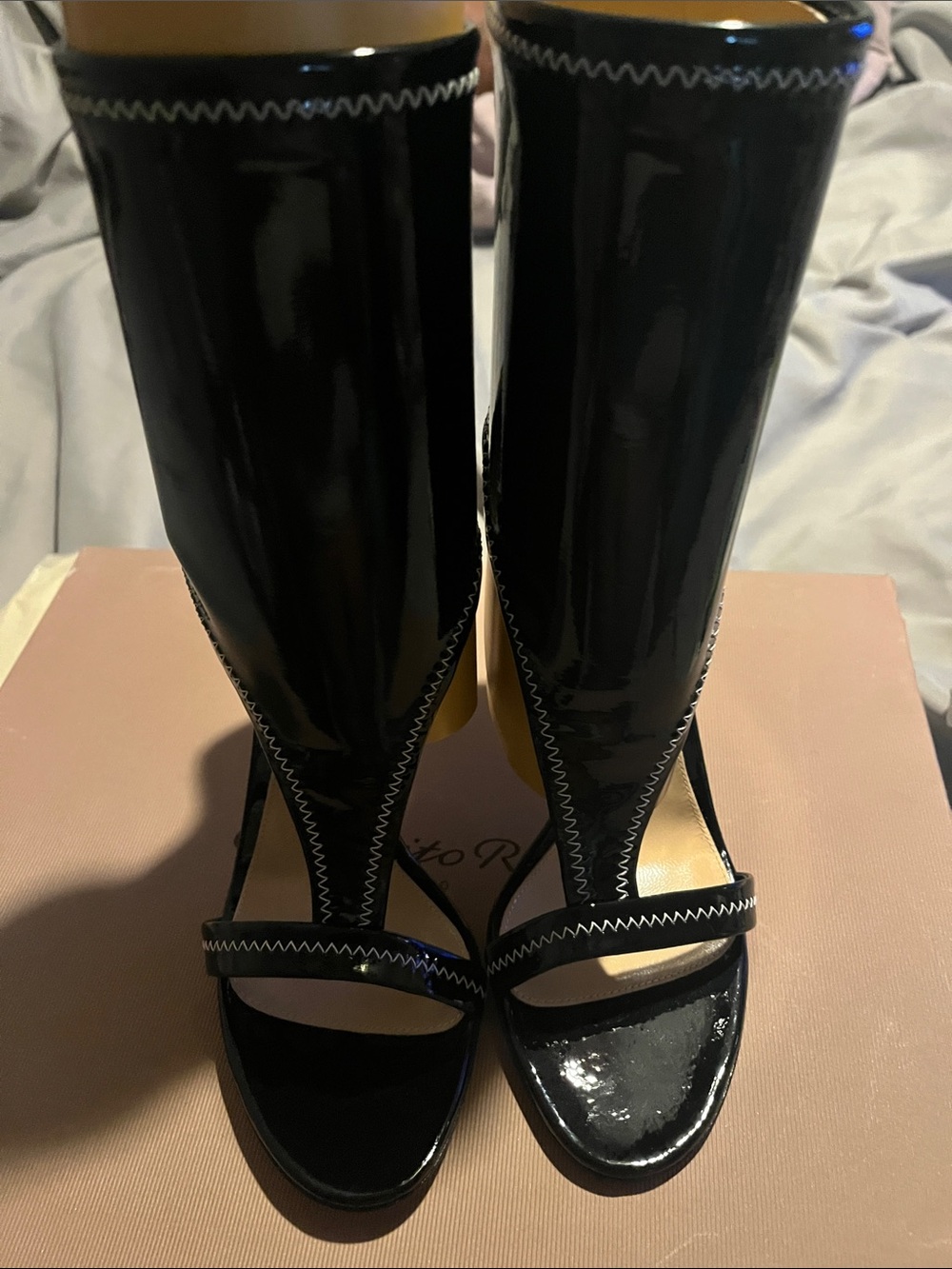 Gianvito Rossi Black Patent Open-Toe Zigzag-Stitch Knee Boots